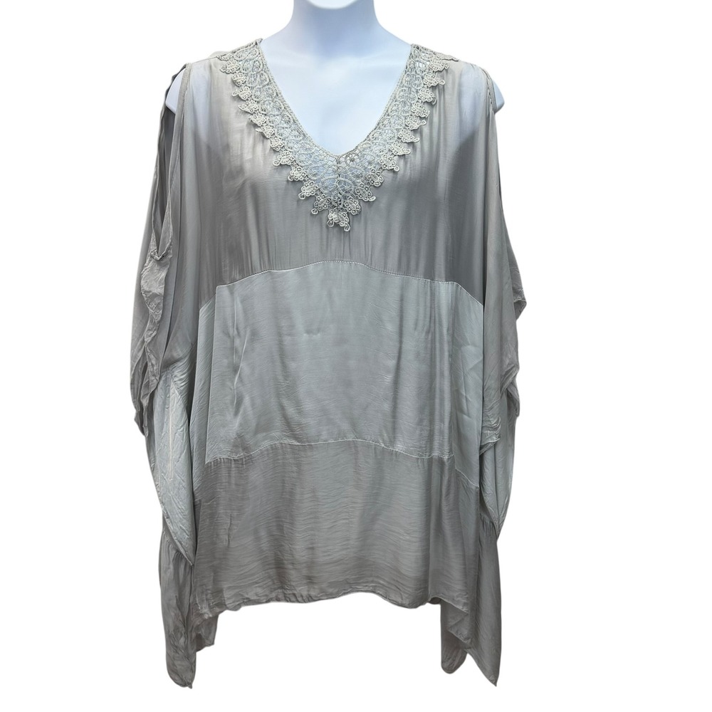 Le Marais Paris Tunic Blouse Women L Gray Silk Split Sleeve V-Neck Crochet Italy